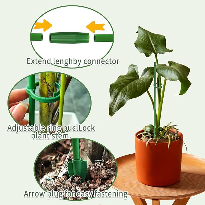 20 Pcs Plant Support Stakes, Garden Stakes for Indoor Plants, Tall Adjustable Plant Sticks with 20 Clips and 10 Connectors for Monstera, Tomato, Vine Potted Plants