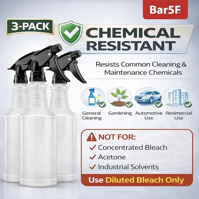 Bar5F Spray Bottles, 24oz, 3 Pack, Chemical-Resistant, BPA-Free, Compatible with Vinegar, Rubbing Alcohol, Cleaning Solutions, Non-Toxic HDPE Bottle for Plants, Pet, BBQ, Auto Detailing, Made in USA