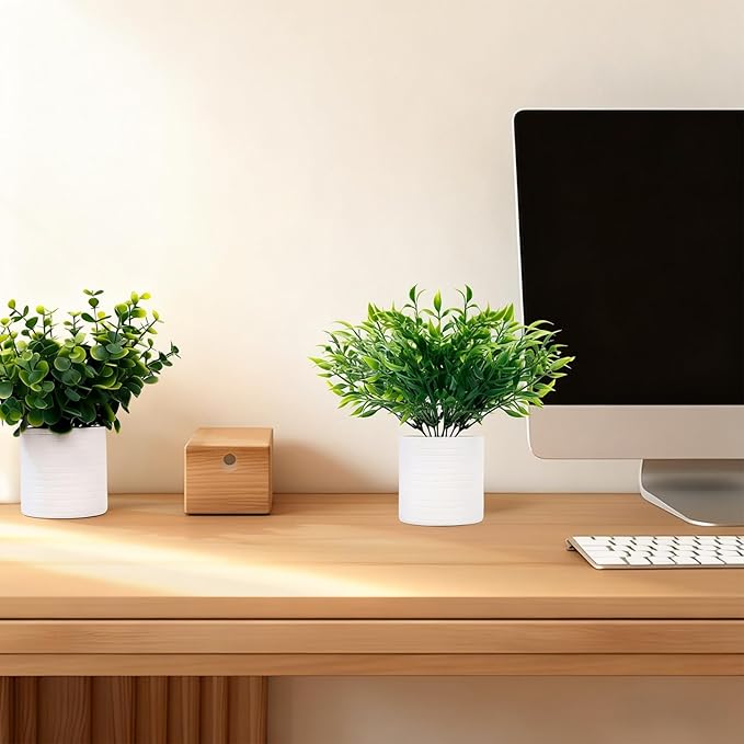 FGSAEOR Mini Potted Fake Plants, Small Artificial Greenery Plants Topiaries, Low Maintenance, Shelf Desk Room Table Office Home Decor (3-Pack) (White Pot - Green)