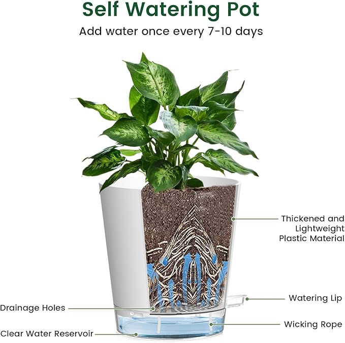 Meowell Self Watering Pots Set of 7 – Assorted Size 4" to 8" Indoor Plant Pots with Drainage Holes and Clear Reservoir for Visible Water Level, Plastic Wicking Planter for House Plants & Flower, White