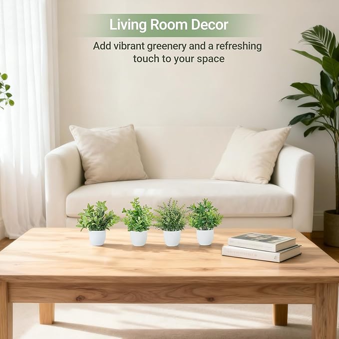 Mkono 4 Packs Fake Plants Mini Artificial Greenery Potted Plants Faux Eucalyptus for Spring Decor Home Indoor Office Table Shelf Room Bathroom Farmhouse Decor (White)