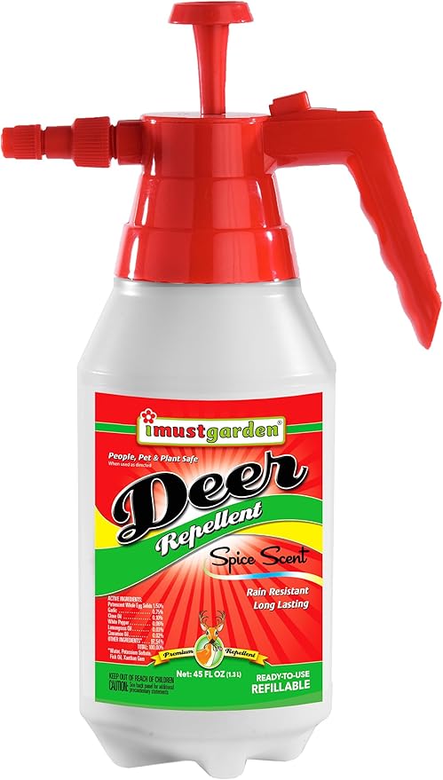 I Must Garden Deer Repellent: Easy Pump Spray Bottle - Spice Scent Deer Spray for Gardens & Plants – 45oz Ready to Use