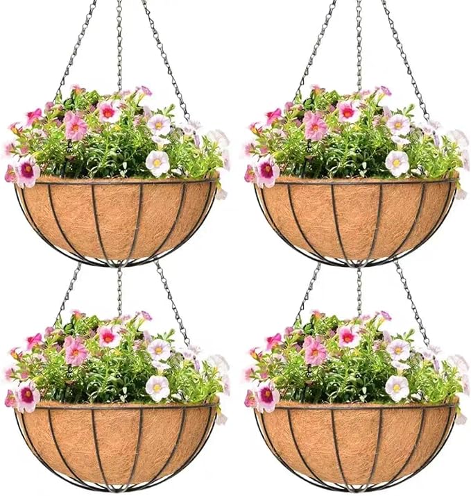 4 Pack 16 Inch Hanging Planters Outdoor Metal Hanging Flower Baskets with Coco Fiber Liners Chain Round Wire Plant Holder Hanging Flower Pots (Watermelon)