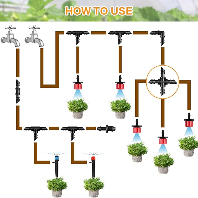 Gardrip Drip Irrigation Cross Fittings: 45 Pieces Barbed 4-Way Cross Irrigation Parts with Sharp End Fits for 1/4 Inch Drip Tubing Line Tee Connectors for Garden Lawn