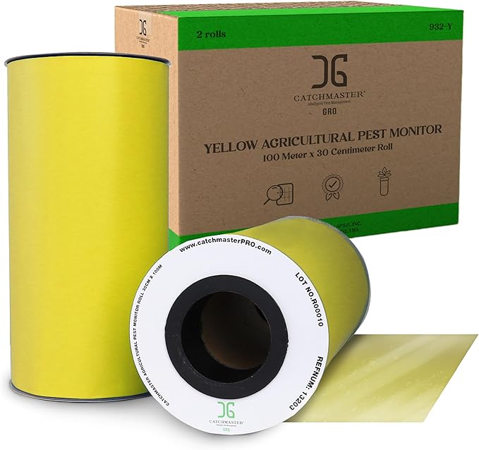 Catchmaster GRO XL Premium Fly Glue Trap Roll 2PK Dual Sided Sticky Fly Roll, Gnat Fruit Fly Trap for Greenhouse, Garden, Farm, Pest Control Gardening Supplies, 328' x 12" Yellow