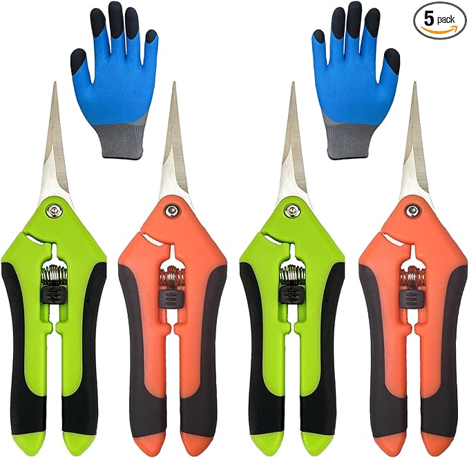 5 Pack Pruning Shears, Garden Shears with Gardening gloves, Garden Clippers Handheld, Straight Stainless Steel Garden Snips, Gardening Shears, Garden Scissors, Lengnoyp Pruners for Gardening