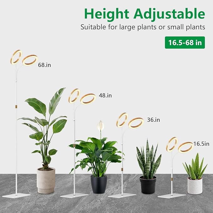 Dual Head Grow Light for Indoor Plants Full Spectrum-Floor Standing Plant Lamp with Auto Timer 6/12/18H, 5-Level Dimmable & Adjustable Height 16.5-68in for Large Tall Plants | Faux Wood Design