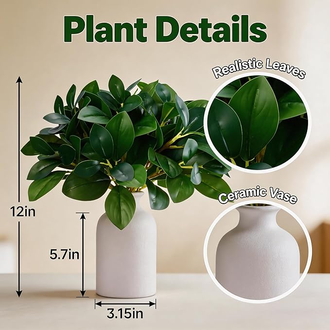 12 Inch Artificial Plant Indoor,Small Fake Plants Eucalyptus Stems With Vase,Faux Greenery In Pot For Farmhouse Home Decor,Bathroom Living Room Kitchen Office Coffee Table Centerpiece (White)