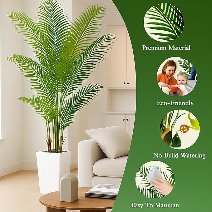 7FT Artificial Palm Tree, Tall Artificial Tree Plants with Fake Plants, Large Faux Plants Indoor with Lifelike Leaves for Outdoor Indoor Home Office Living Room Decor (White)