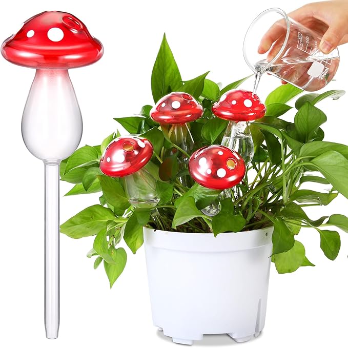 Weysat 4 Pack Glass Self Watering Globes for Indoor Plants Mushroom Watering Devices Bulbs Automatic Plant Waterer Balls Planter Spike for Garden Patio Outdoor Potted Flower Irrigation