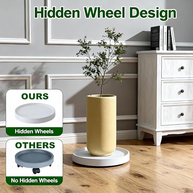 2Pack Plant Caddy with Hidden Wheels, 14.8 Inch Round Plant Stand, White Mobile Tray for Large Flower Pots, Air Purifiers & Indoor Outdoor Use