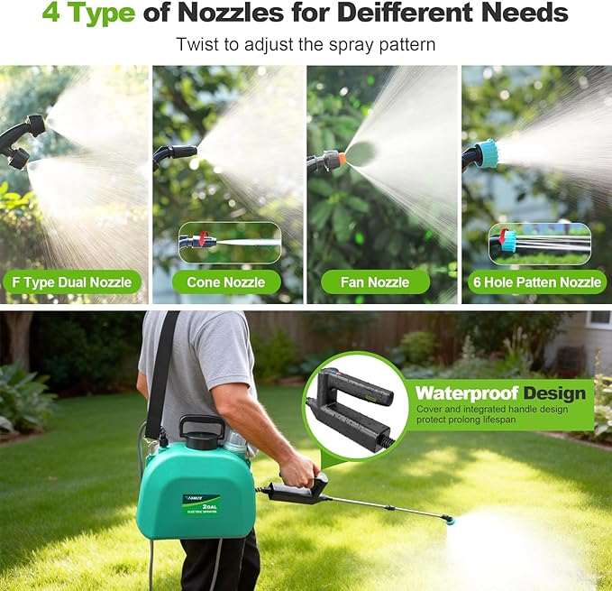 VAXMAY Battery Powered Sprayer 2 Gallon, Upgrade Electric Garden Sprayer with 3 Adjustable Speed, Battery Indicator, 4 Mist Nozzles, Rechargeable Handle, Retractable Wand, Shoulder Strap for Weed Lawn
