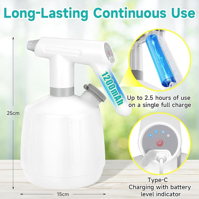 SANLIKE Electric Spray Bottle 2L Pump Sprayer Plant Mister, Automatic Watering Can Rechargeable Battery Powered Pressure Bottle with Adjustable Spout 2 Spray Types for Garden, Fertilizing, Cleaning