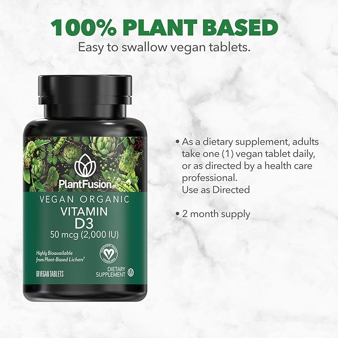 PlantFusion Vegan Vitamin D3 2000IU, Organic Vitamin D3, Sourced from Vitashine Plant Based Lichen, Promotes Immune and Bone Health, 60 Tablets