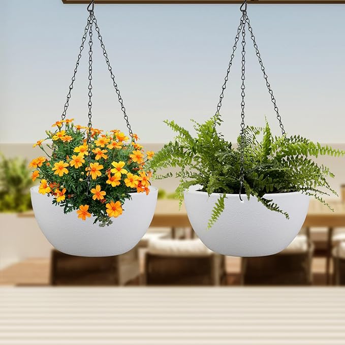 Meowell 12 inch Large Hanging Planters for Indoor Outdoor Plants, 2 Pack Hanging Flower Pots with Drainage Holes and Chain for Garden Porch, Plastic Hanging Baskets for House Plants, White