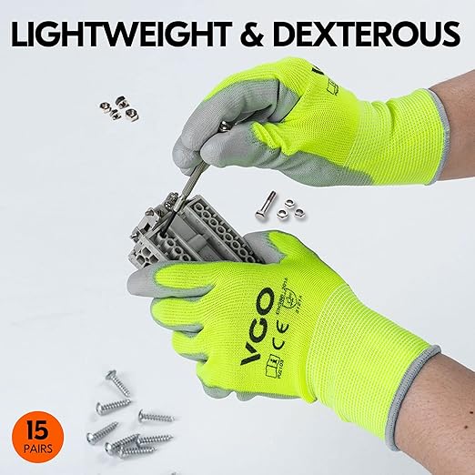 Vgo... 15-Pairs Safety Work Gloves, Gardening Gloves, Polyurethane Coated, Dipping Gloves, Latex Free (Size S, Yellow, PU2103)