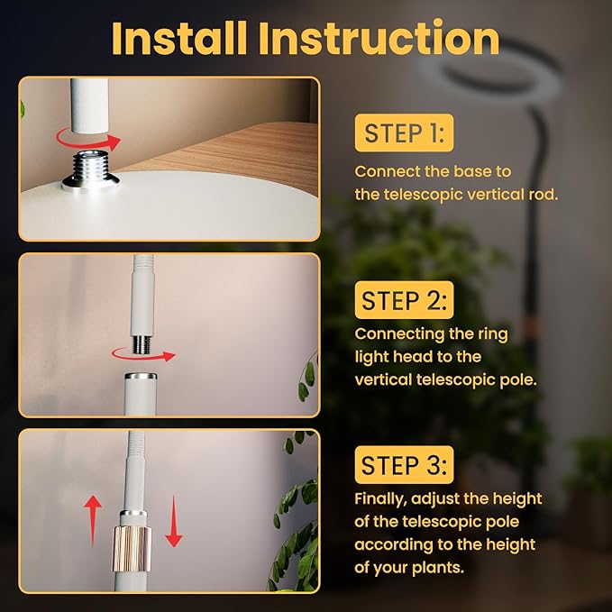 Plant Grow Light for Indoor Plants, Full Spectrum Grow Lamp with Pedestal Stand, Automatic Timer for 3H/9H/12H, Height Adjustable 51-67in White