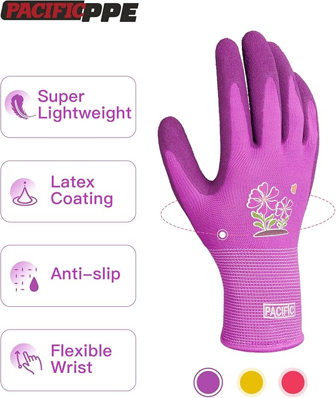 PACIFIC 6 Pairs Gardening Gloves for women, Rubber Coated Garden Gloves, Ladies Yard Work Gloves, Breathable, Purple & Yellow & Red, Small