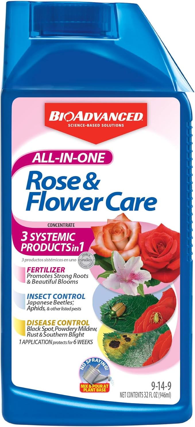 BioAdvanced All-In-One Rose and Flower Care Fertilizer, Concentrate, 32 oz, Rose Fertilizer and Disease Control