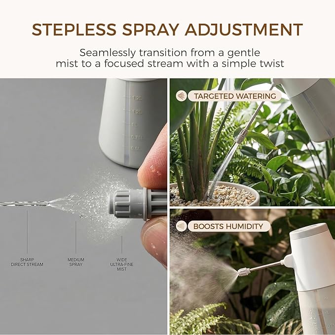Bamworld Electric Sprayer with 180° Adjustable Long Nozzle 2 Spray Modes Battery Powered Sprayer for Indoor Outdoor Plants Gardening Cleaning Minimalist White Design with Wood Grain Handle