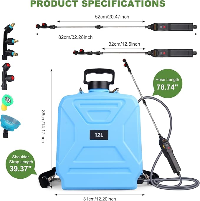 Battery Powered Garden Sprayer 3.2 Gallon Electric Pump Backpack Sprayer with USB Rechargeable Handle, Telescopic Wand, Adjustable Strap and 4 Mist Nozzles for Yard, Lawn, Cleaning 12L