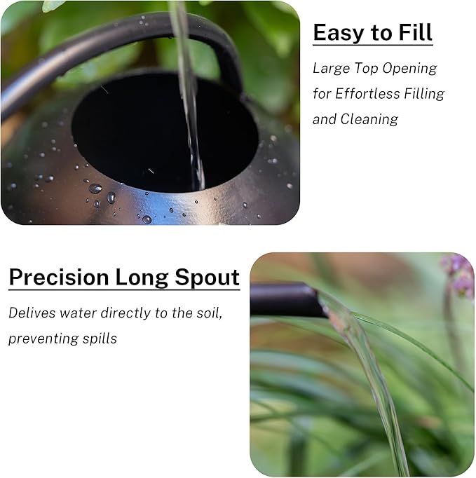 MOYEE Small Black Metal Long Spout Watering Can Outdoor Indoor Spray Bottle for Plants Hand Drawn Patterns,1/2 Gallon Plant Mister Durable Metal Structure Lawn Garden Watering Equipment