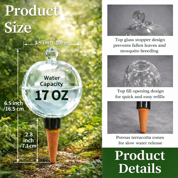 4 Pack 17oz Plant Self Watering Globes – Top Fill Watering Globes, Plastic Water Bulbs with Slow Release Terracotta Planter Insert & Glass Stoppers, Ideal for Vacation & Houseplants