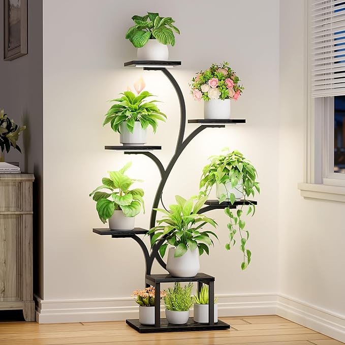 BACEKOLL Plant Stand Indoor with Grow Lights, 7 Tiered Indoor Plant Shelf, 49" Corner Plant Stands for Indoor Plants, Metal Plant Flower Display Shelf, Tree-Shaped Plant Rack for Home, Black