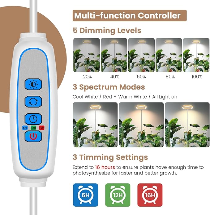 Kullsinss Grow Lights for Indoor Plants, Full Spectrum Plant Lights for Indoor Growing with 6/12/16H Timer, 3 Color Modes, 5 Brightness, 10"-65" Height Adjustable Wood Grain Plant Growing Lamp