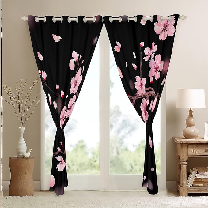 Feelyou Cherry Blossoms Blackout Curtain Japanese Style Curtains for Kids Boys Girls Blossom Floral Window Drapes Botanical Floral Window Treatments 52W X 84L,2 Panels