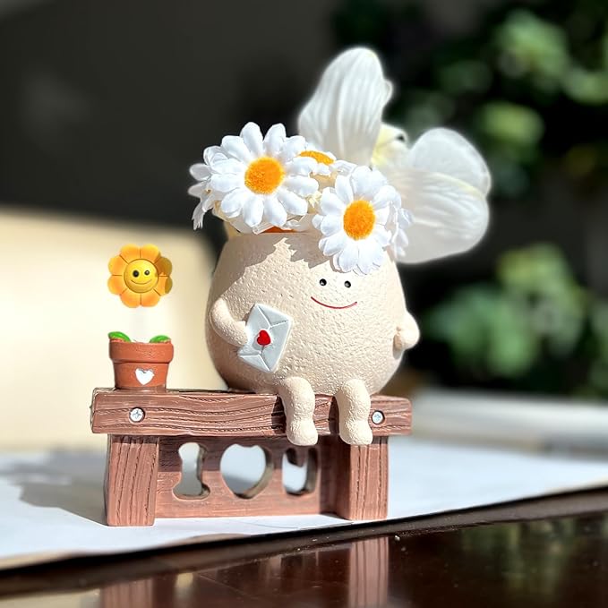 TEARS OF GAIA Smiling Face Planter Pot, Cute Resin Flower Head Planters with Drainage, for Mom, for Expressing Love, Unique Funny Succulent Plant Lover Gift (I Love U)