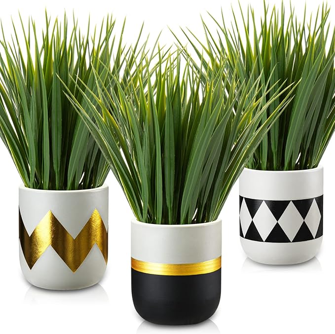 Hollyone Artificial Plants Small Faux Plant Decor 3Pcs Fake Potted Plant Faux Plants in Pots Fake Grass Pot for Home Table Office Desk Room Bathroom House Indoor Decorative Gifts