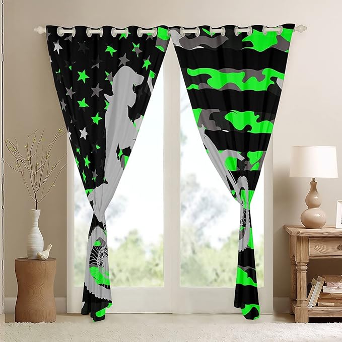 Feelyou Fluorescent Green Camo Curtains Bedroom Living Room Dirt Bike Darkening Drapes Boys Extreme Sports Blackout Curtains Camouflage Racing Motocross Rider Window Treatments, 2 Panels 52 x 84 Inch