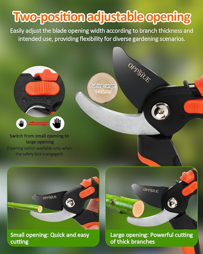 8" Pruning Shears for Gardening, Professional Japanese SK5 Steel Garden Scissors with Teflon Coating, Adjustable 25mm Cutting Range, Safety Lock, Ideal for Branches, Flowers & Bonsai