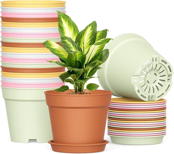 SwinDuck 20 Pack 6 Inch Plant Pots with Drainage and Saucers, White Plastic Flower Pots for Indoor and Outdoor Plants, Stackable Nursery Planters for Houseplants and Herbs, Colorful