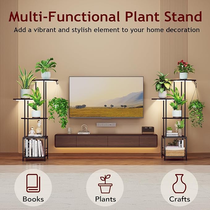 Homsorout Plant Stand Indoor with Grow Light, 5-Tiered Tall Plant Stand Indoor, Metal Plant Shelf with Hanging Basket Hook and Adjustable Light, Ideal for Living Room, Garden, Patio (Black )