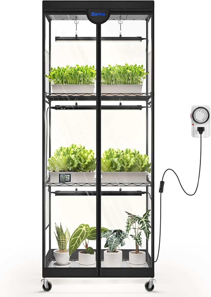 Barrina LP600 Indoor Greenhouse with Grow Light, 75W TX-S25 1.6FT 5000K, 4-Tier Plant Stand with Full Spectrum Lights, Plant Shelf with Tent, Timer & Thermometer for Seed Trays,Growth,23.6x13.8x59.1IN