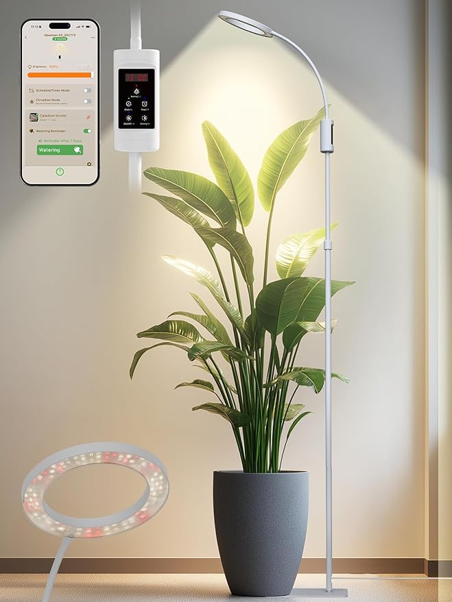Smart Grow Lights for Indoor Plants, 24W Plant Light with Auto-Timer, Full Spectrum LED Grow Light, Adjustable Height & Stepless Dimming,Plant Assistant Suitable for Most Plants (White)