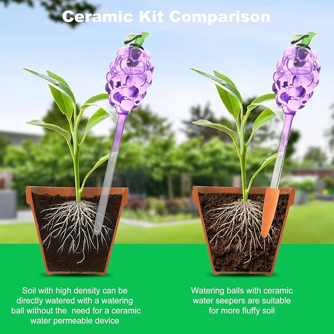 3-Pack Grape-Shaped Plant Watering Globes with Terracotta Stakes, Purple & Green Glass Self-Watering Planter Insert, Automatic Watering Bulbs for Indoor & Outdoor Plants, Refillable via Top Opening