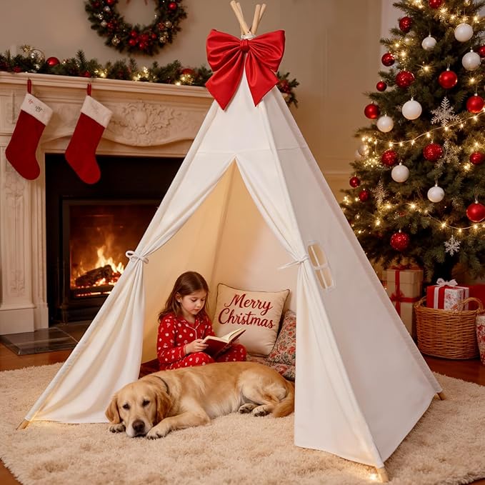 Sumbababy Teepee Tent for Kids, Cotton Canvas Indoor Play Tent, Foldable Toddler Sleepover Tents for Girls & Boys Slumber Party, Washable Gift Set with Star Lights, Banner & Carry Bag