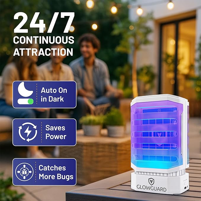 GlowGuard-X Rechargeable Indoor Fly Trap & Gnat Killer, Multi-Purpose Mosquito Trap and Shockless Indoor Bug Zapper, Includes 1 Device + 4 Glue-Card Refills, 40hr Battery or Plug-in 24/7, White