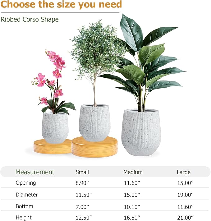 KUTE NEST 16.5" H x 15" D Premium Ribbed Corso Fiberstone Round Tapered Planter with Drainage Hole, Weather Resistant, Included 2 Extra Coco Mats (Ribbed Speckled White, 11.5" Pot Opening)
