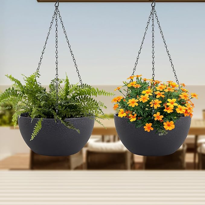 Meowell 12 inch Large Hanging Planters for Indoor Outdoor Plants, 2 Pack Hanging Flower Pots with Drainage Holes and Chain for Garden Porch, Plastic Hanging Baskets for House Plants, Black