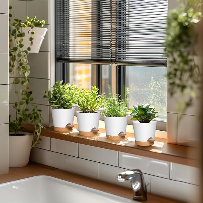 WSMKSZ 4 inch Self Watering Pots for Indoor Outdoor Plants, 6 Pack Plastic Flower Planters with Drainage Holes and Removable Saucers, Plant Pots with Wicking Rope, Modern Decor, White Brown