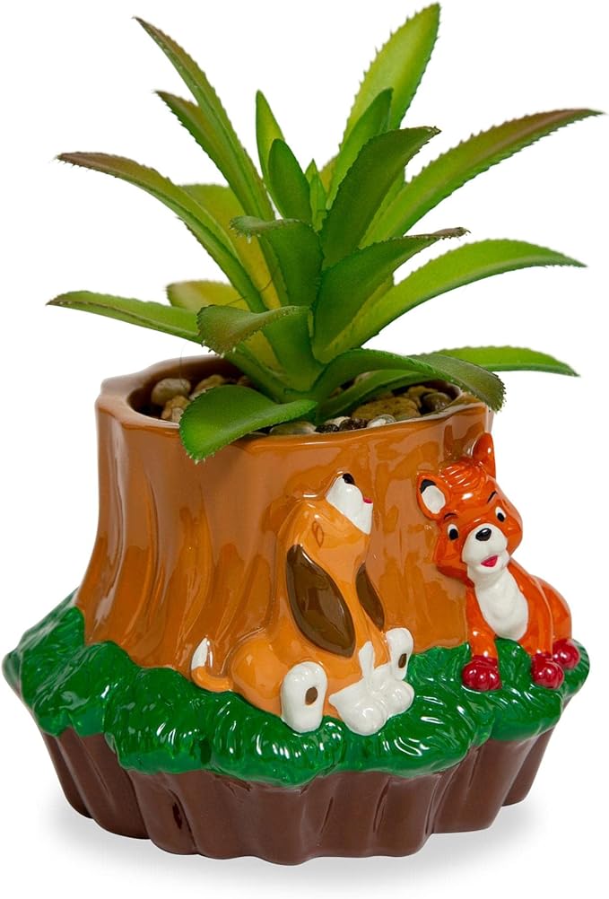 Disney The Fox and The Hound 4-Inch Ceramic Mini Planter with Artificial Succulent | Cute Small Flower Pot, Faux Indoor Plants