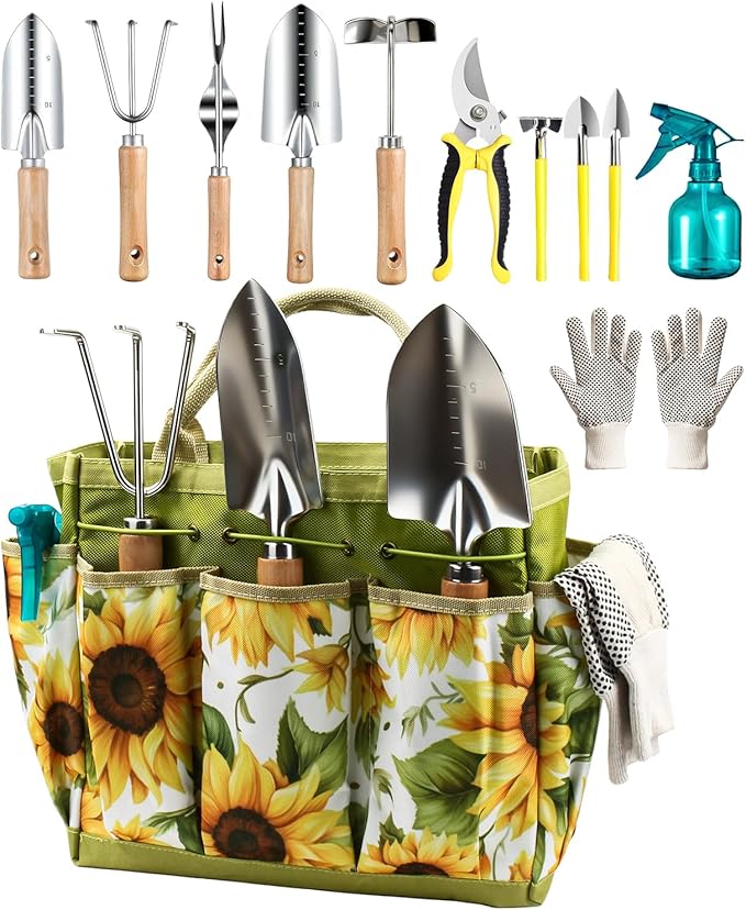 MOSFiATA Garden Tools Set 12-Piece, Gardening Tools Kit with Comfortable Handle, Heavy Duty Soil Shovel, Transplant Trowel, Weeder, Hand rake, Professional Pruner Sprayer Gloves with Organizer Bag