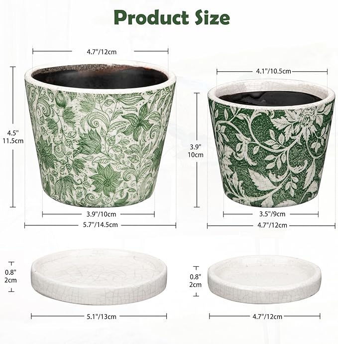 Set of 2 Ceramic Green Plant Pots with Drainage Hole and Saucers, Vintage Farmhouse Accent Planters for Indoor Plants, Round Flower Pots Rustic Succulent Cactus Pots Terracotta Tubs 5.7/4.7 Inch