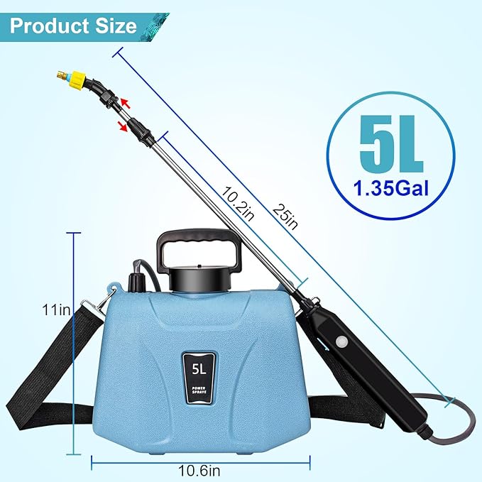 SZHLUX 1.35 Gallon Battery Powered Sprayer, Upgrade Electric Sprayer with USB Handle, Telescopic Wand, 3 Mist Nozzles and Adjustable Shoulder Strap, Garden Sprayer for Gardening, Cleaning