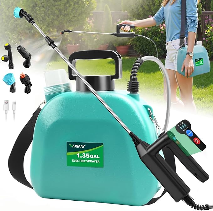 Battery Powered Sprayer 1.35 Gallon, 2026 Electric Garden Sprayer with 3 Adjustable Speeds, 4 Mist Nozzles, Rechargeable Handle, Retractable Wand with Adjustable Shoulder Strap for Weed Lawn(Green)