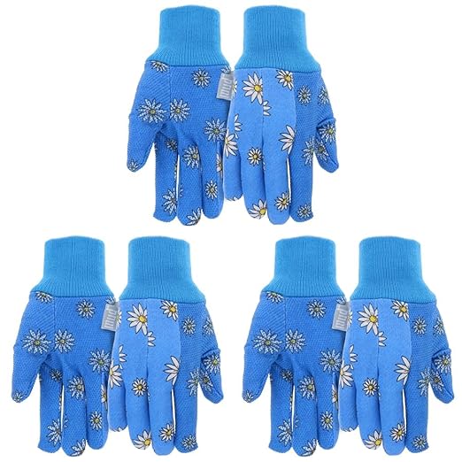 MUD Basic Women's PVC Dotted Palm And Daisy Printed Jersey Garden Glove, Extreme Comfort, Excellent Grip, Durable Wear, Blue, Medium/Large (M61001B-WML),MD61001B-WML (Pack of 3)